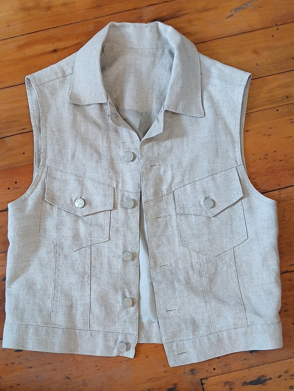 Light Beige Linen Sleeveless Button Front Vest